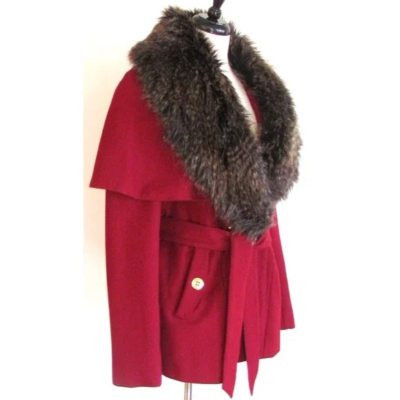 Steve Madden Burgundy Wool Capelet with Faux Fur Collar Double Breasted Coat L